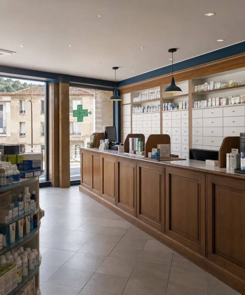 Intérieur d'une officine française illustrant le tiers payant contre biosimilaires en pharmacie