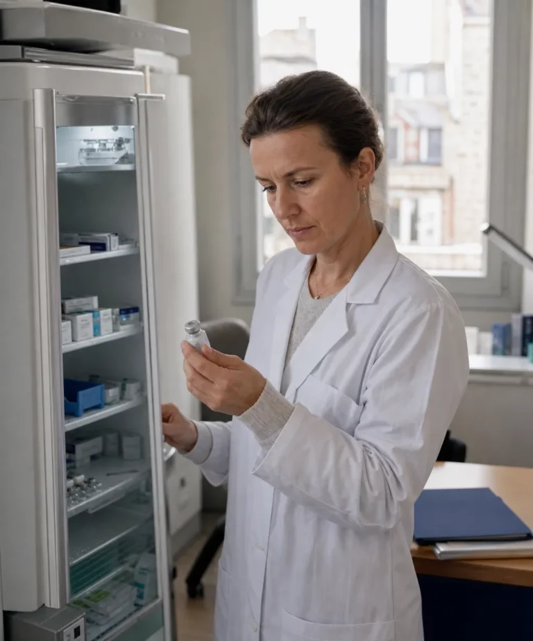 Médecin de cabinet médical préparant un vaccin près d'un réfrigérateur médical, vaccination en cabinet médical 2026