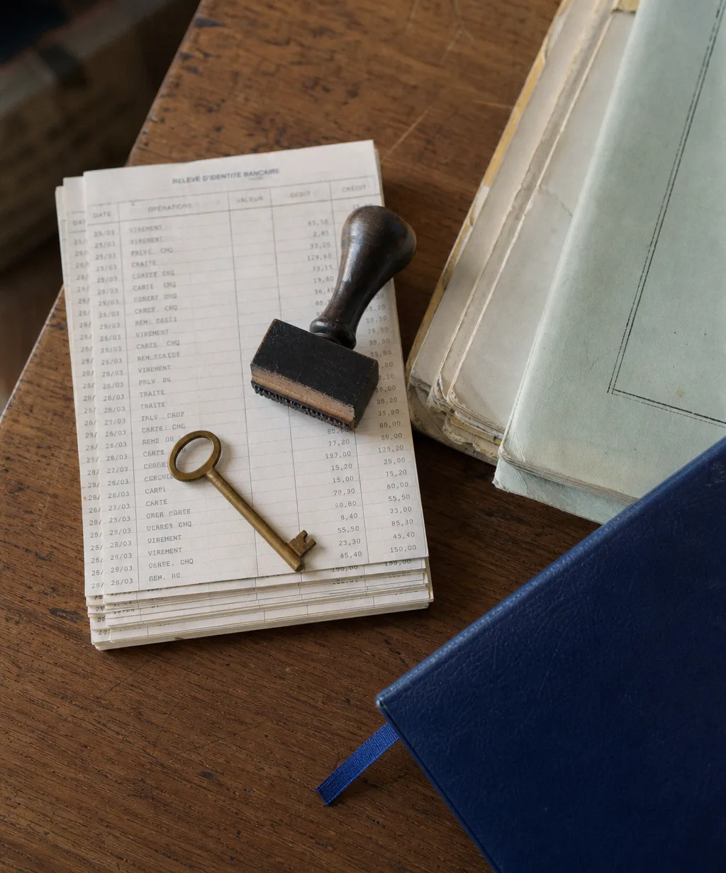 Clés et relevés bancaires posés sur un comptoir, symbole de la clôture d'un compte professionnel