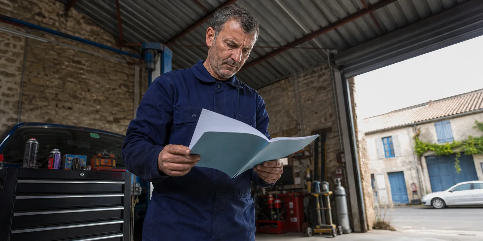 Gérant de garage relisant les clauses de résiliation de son assurance professionnelle