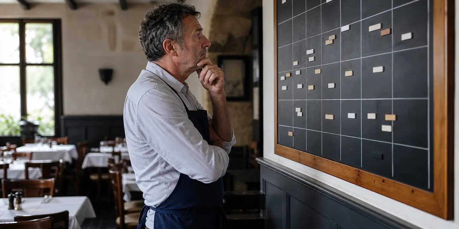 Recrutement restauration : restaurateur français observant son planning d'équipe face à la pénurie de main d'oeuvre