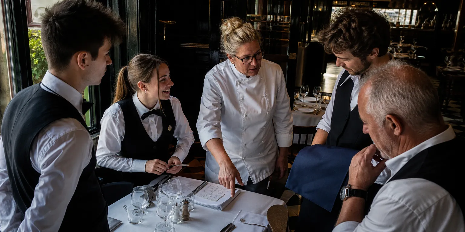 Briefing d'équipe avant le service dans une brasserie, socle concret de la marque employeur restaurant