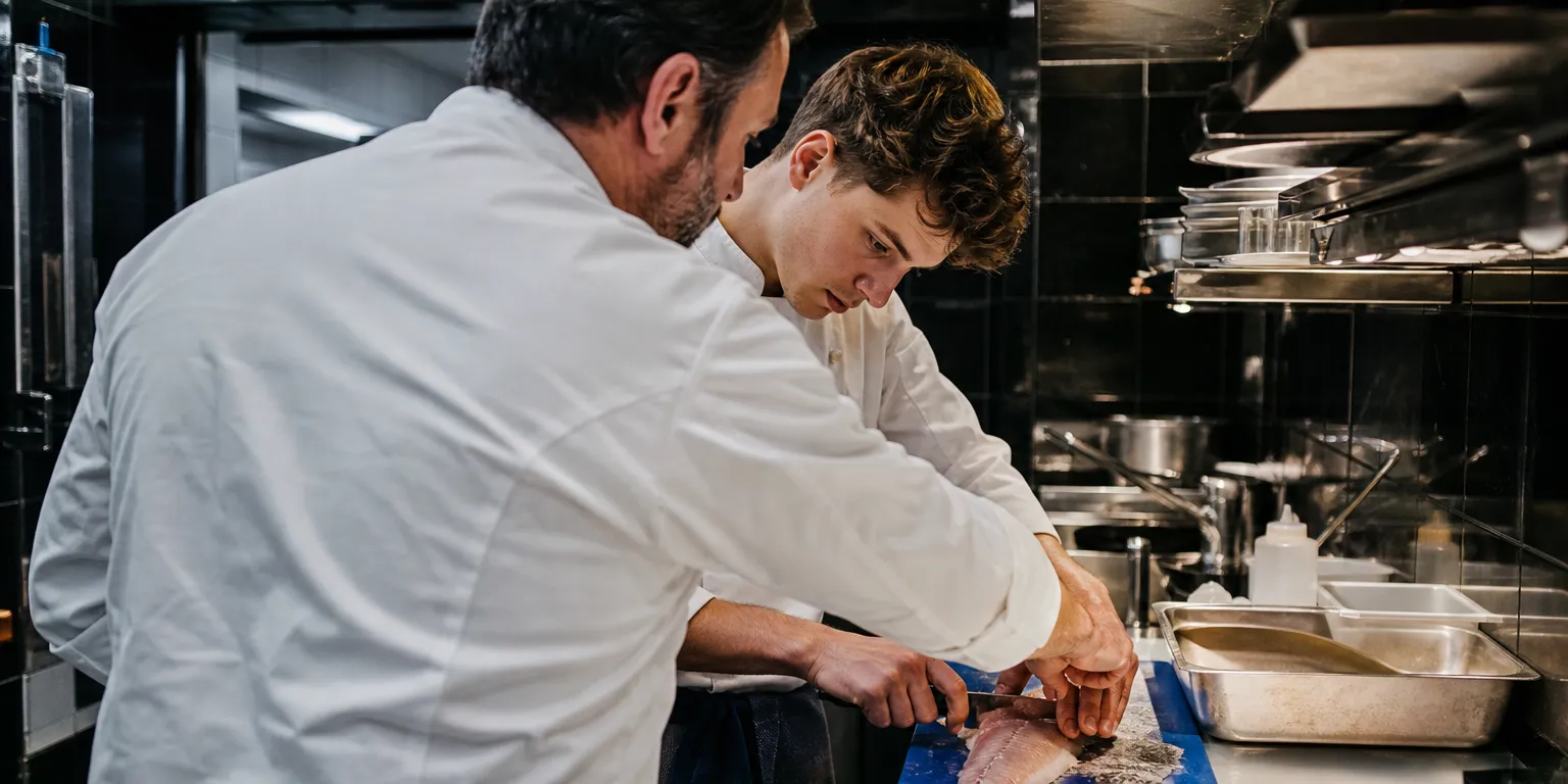 Chef de cuisine formant un apprenti en restaurant, levier pour attirer du personnel de cuisine