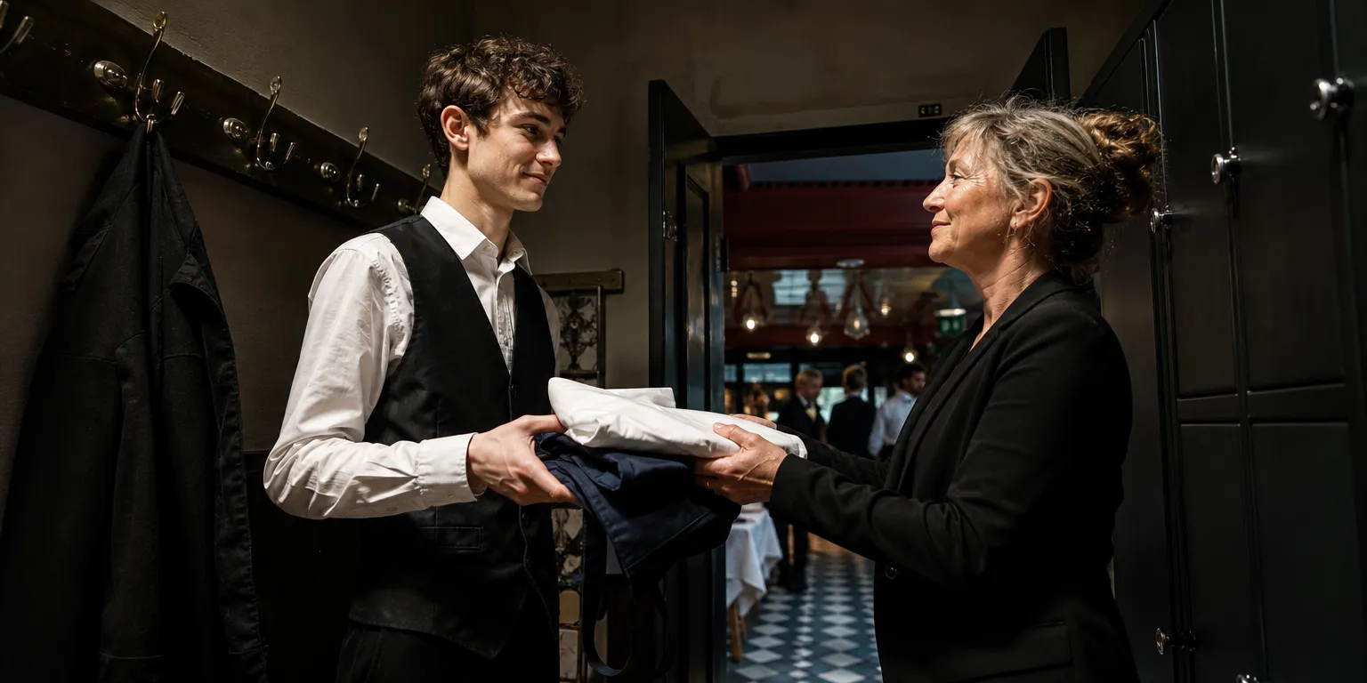 Remise de la tenue à un nouveau serveur le premier jour, étape clé de l'onboarding serveur en CHR