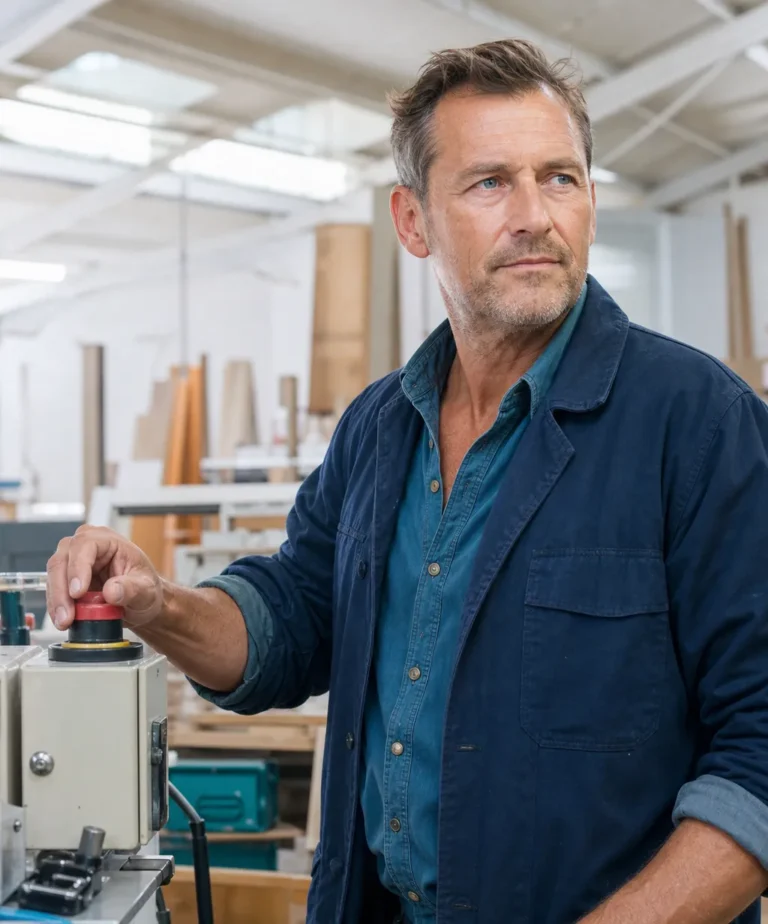 Chef d'entreprise d'un atelier français la main sur une machine à l'arrêt, face à une baisse d'activité et au recours à l'activité partielle 2026