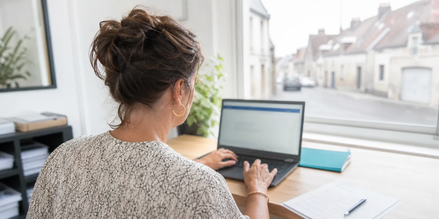 Dirigeante déposant une demande d'activité partielle en ligne depuis le bureau de sa PME