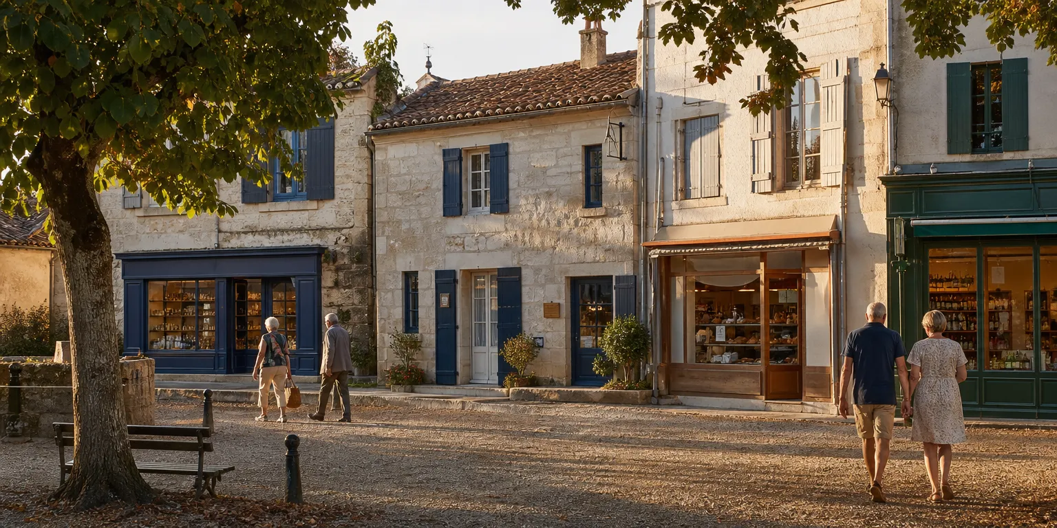 Place d'un bourg rural français avec un cabinet médical, illustration de l'aide installation médecin 2026