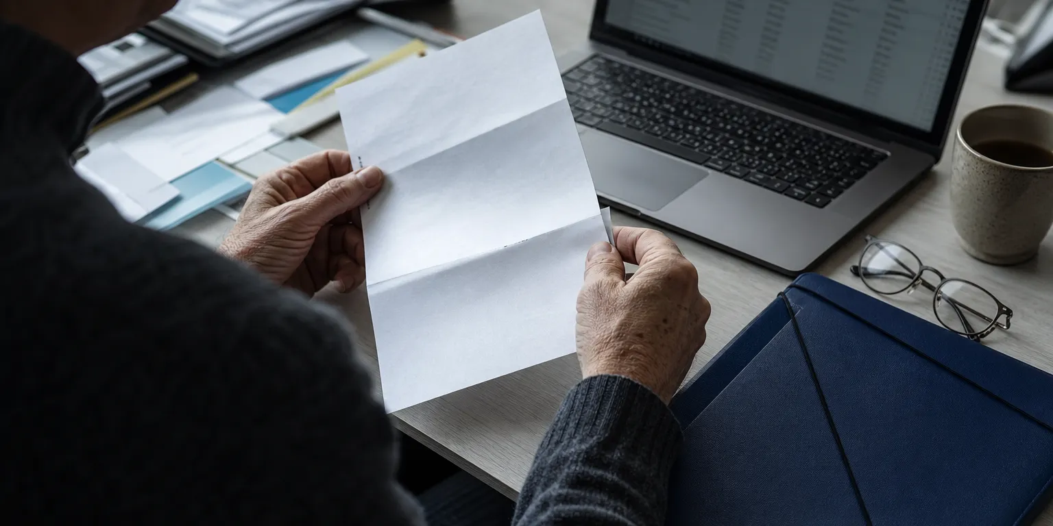 Mains d'un dirigeant de TPE française tenant un courrier administratif officiel, notification de la cyberattaque DGFiP aux entreprises concernées