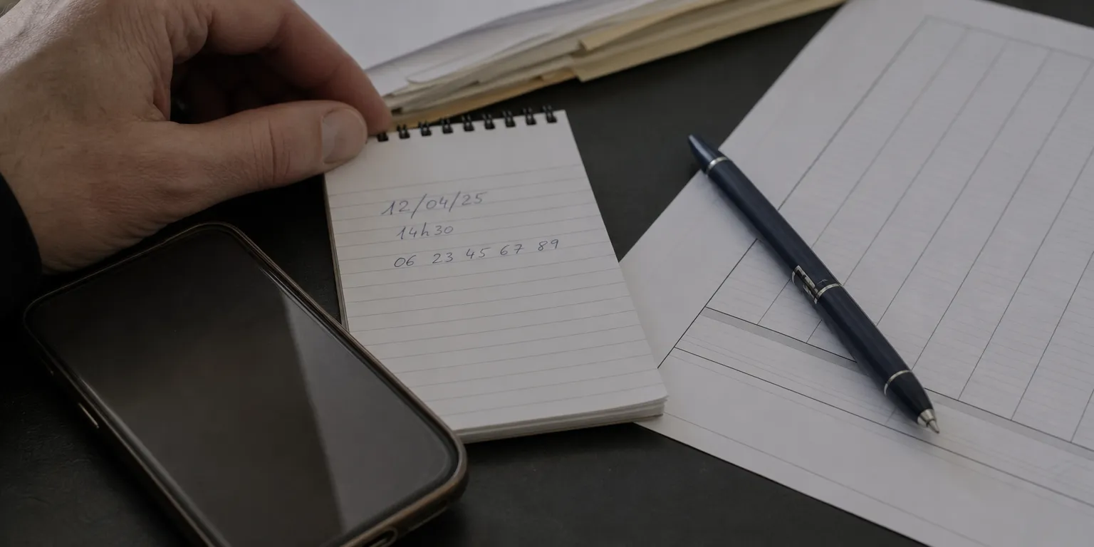 Notes manuscrites relevant la date, l'heure et le numéro d'un appel frauduleux, illustrant les preuves à conserver après une tentative d'arnaque