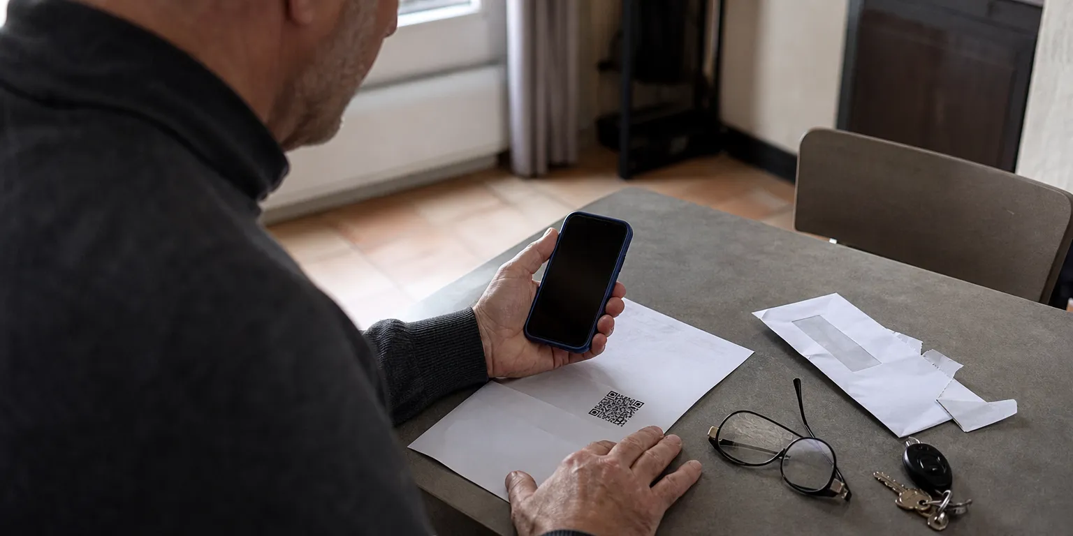 Dirigeant hésitant à scanner avec son smartphone le code imprimé sur un faux courrier de l'administration fiscale, illustrant l'arnaque au QR code