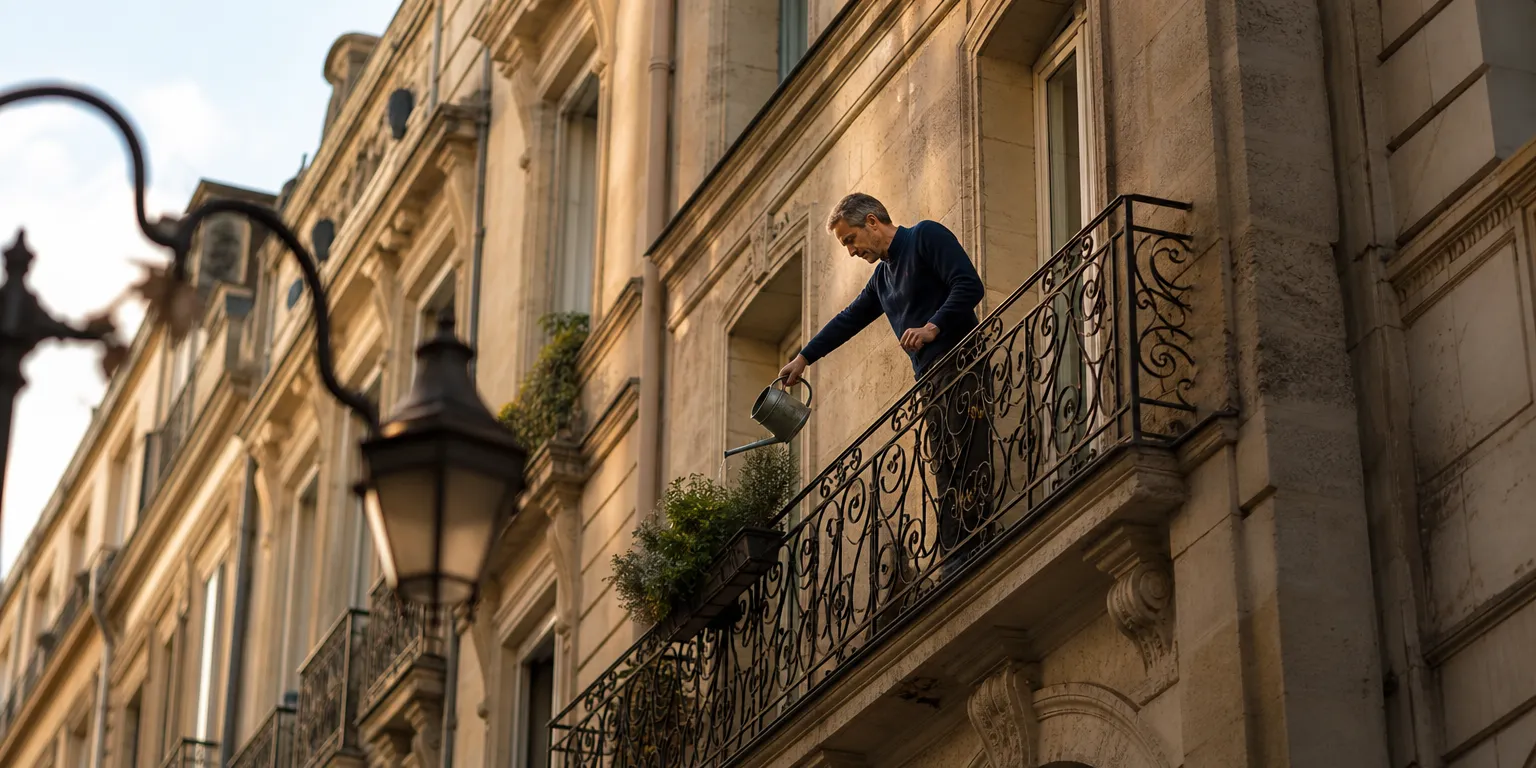 Immeubles en pierre d'une ville soumise à l'encadrement des loyers 2026, balcons en fer forgé