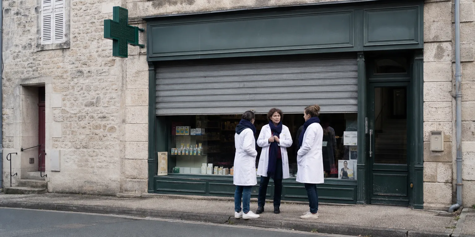 Pharmacie française rideau à demi baissé lors de la mobilisation de 2025 contre la baisse des remises génériques