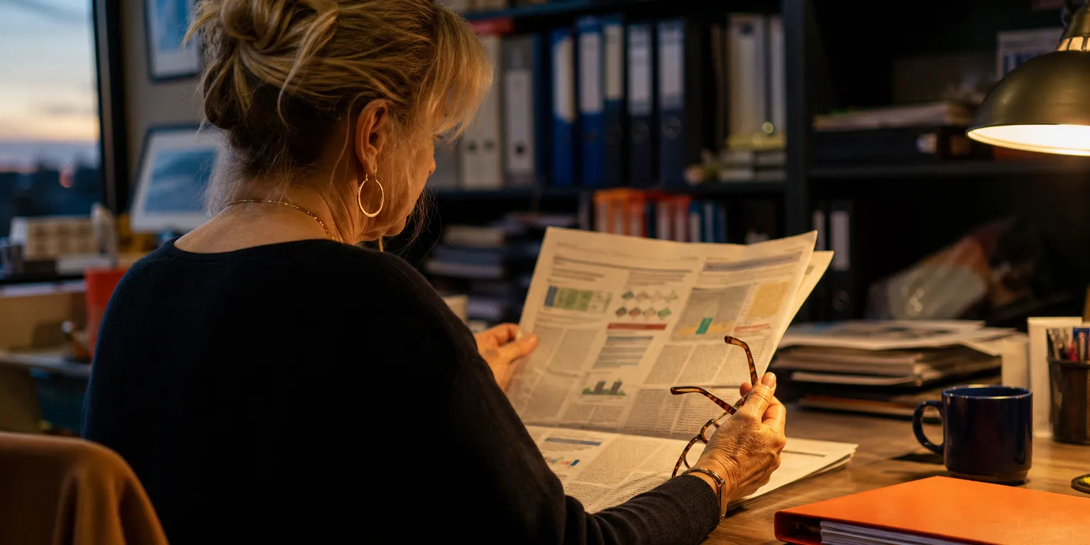 Dirigeante s'informant sur le pacte Papin et la fiscalité de la transmission