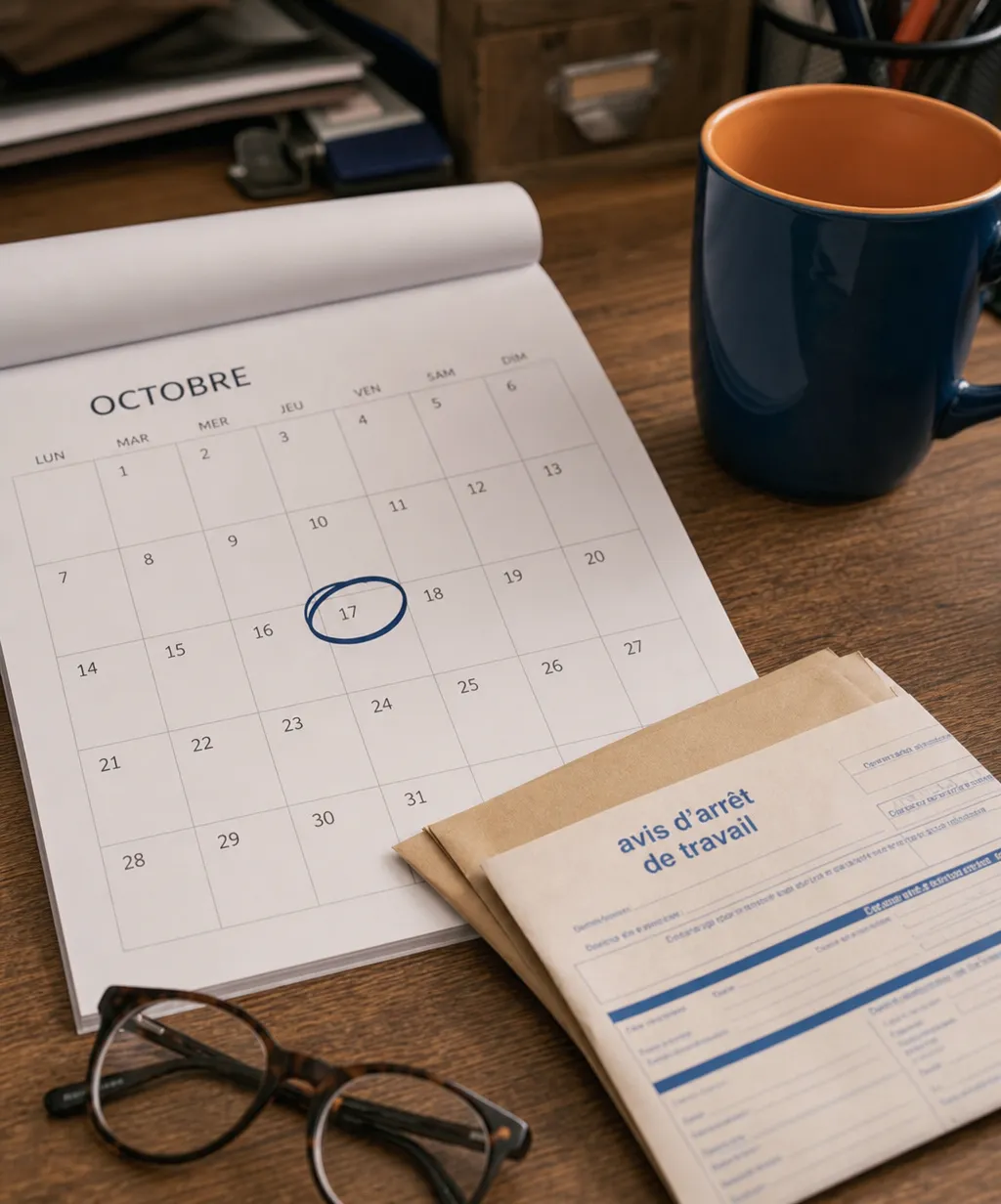Calendrier d'octobre entouré sur un bureau : arrêt maladie ALD, ce qui change au 15 octobre