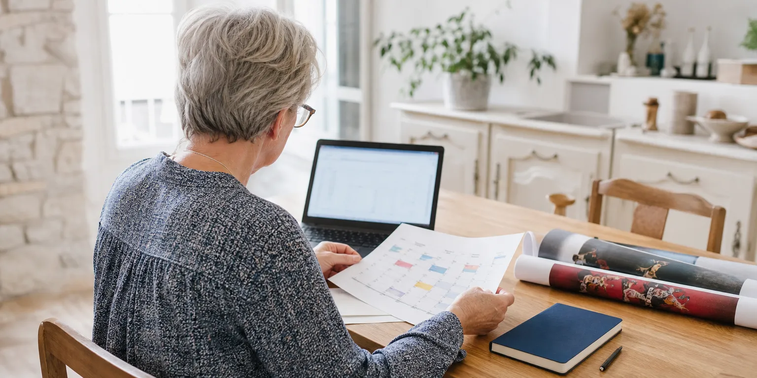 Présidente d'association vérifiant son calendrier d'événements et le seuil des impôts commerciaux