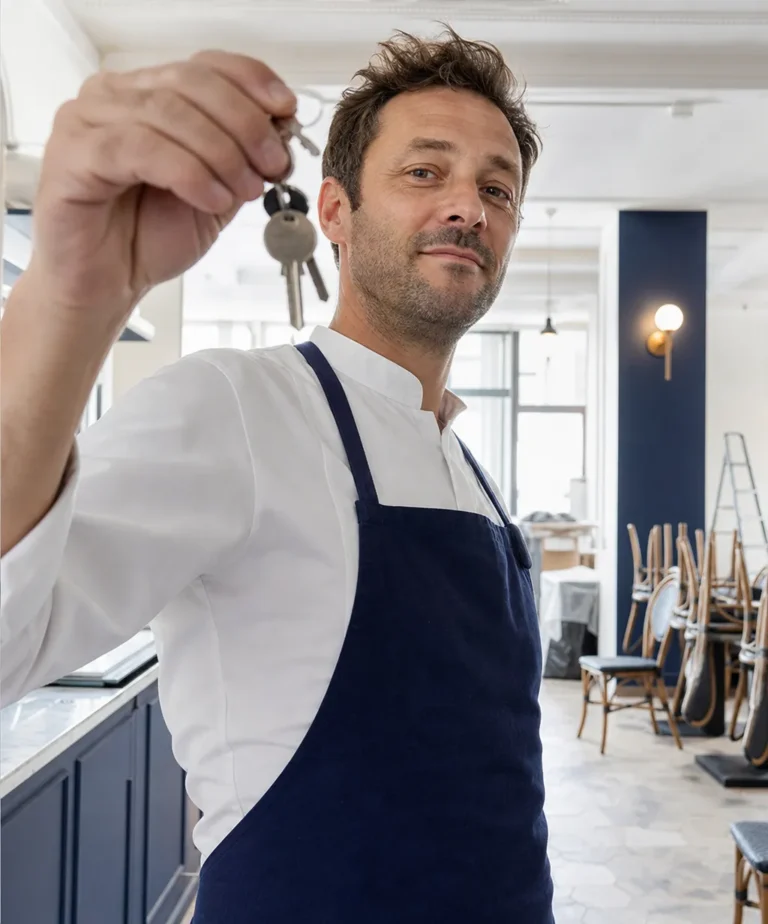 Futur restaurateur tenant les clés de son bistrot en travaux, symbole du budget pour ouvrir un restaurant