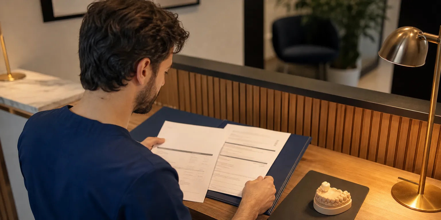 Collaborateur dentiste vérifiant la redevance et les frais de laboratoire de prothèse