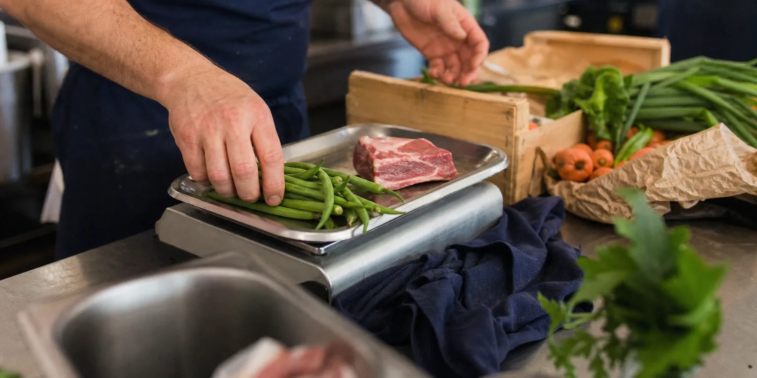 Chef pesant ses produits en cuisine pour calculer le coût matière et la rentabilité du restaurant