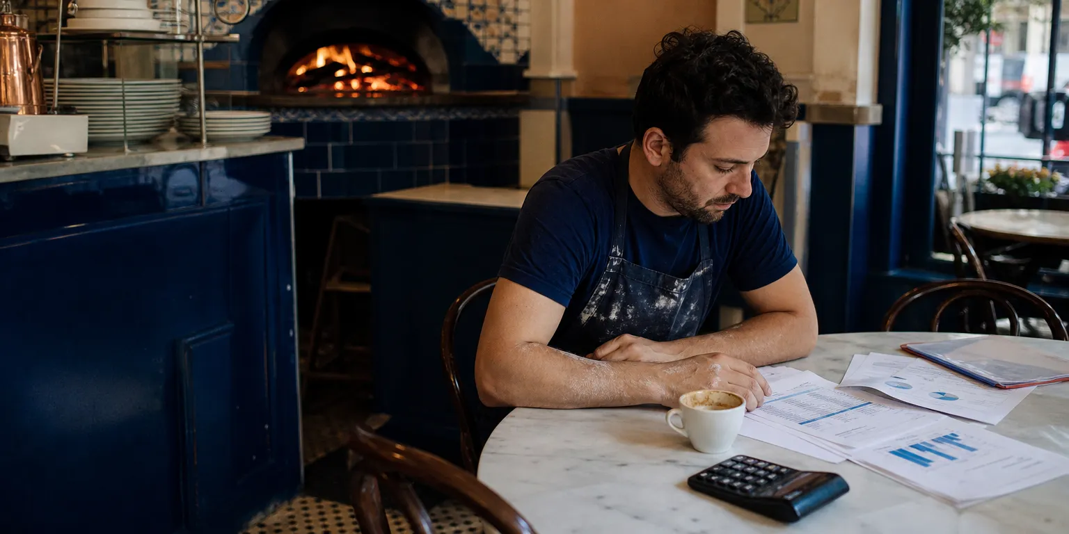 Patron de pizzeria analysant ses comptes après le service : combien gagne un restaurateur selon le type de resto
