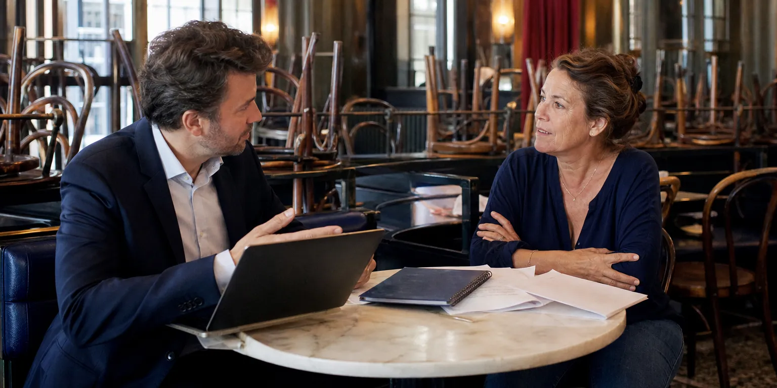 Restauratrice et son expert-comptable comparant statut TNS et SAS pour le salaire du gérant de restaurant