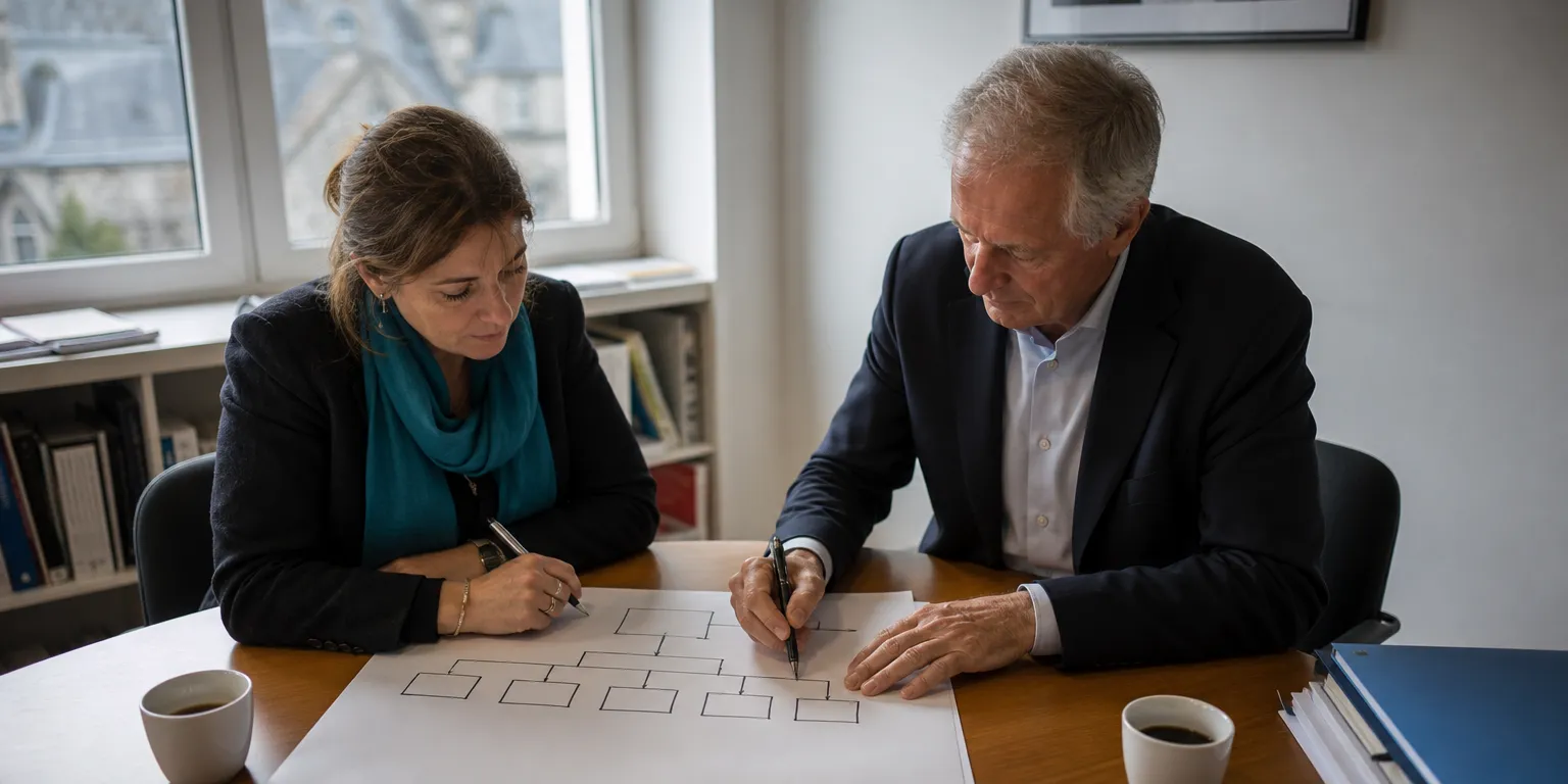 Associés d'un groupe familial dessinant l'organigramme holding et filiales pour les seuils de groupe