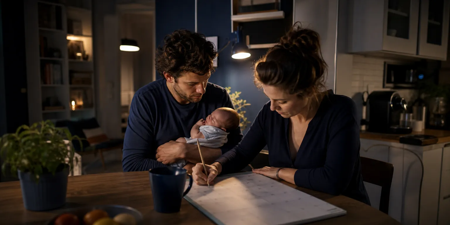 Jeunes parents salariés planifiant leur congé de naissance d'un ou deux mois