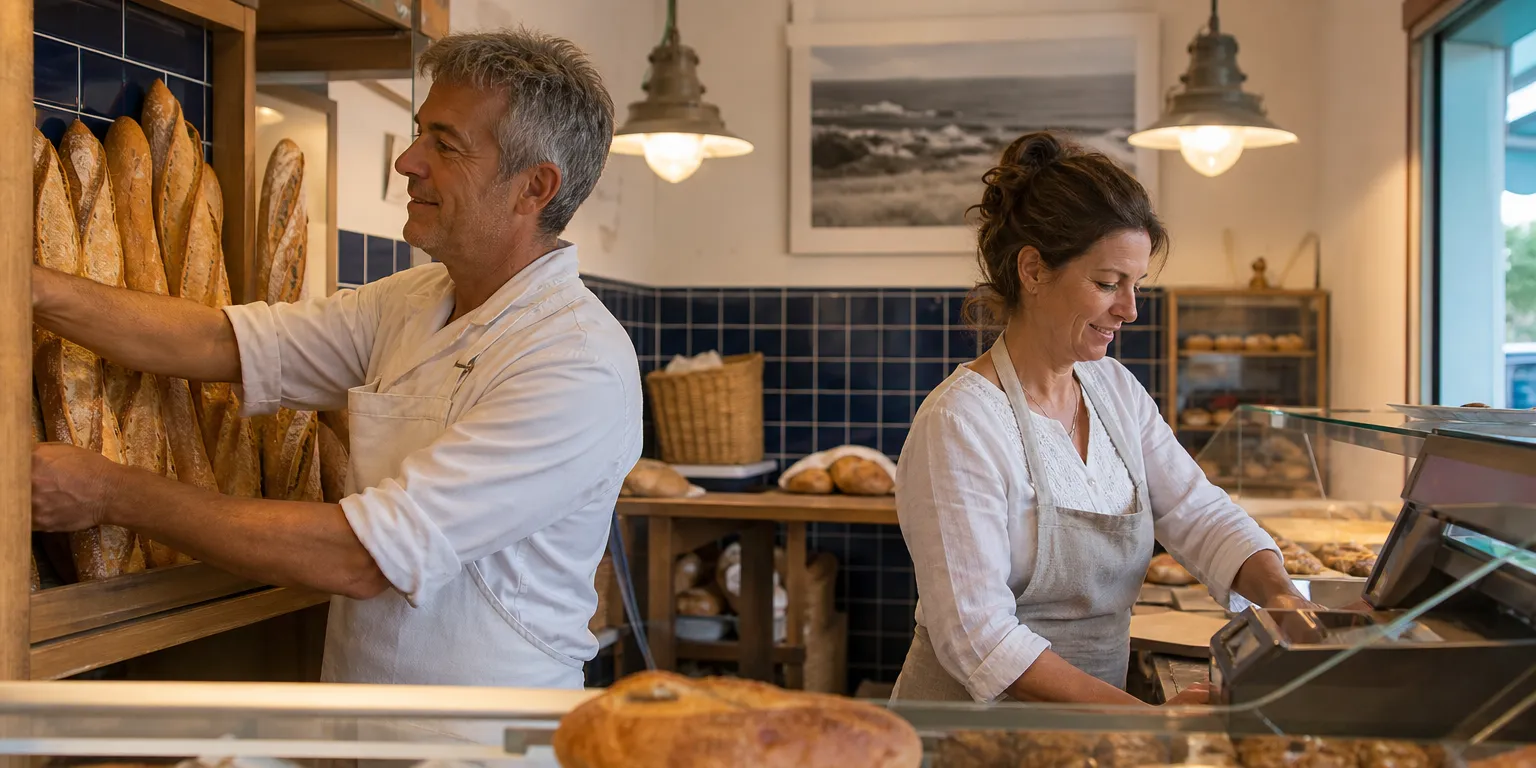 Couple de commerçants travaillant ensemble dans leur boulangerie, conjoint collaborateur dans l'entreprise familiale