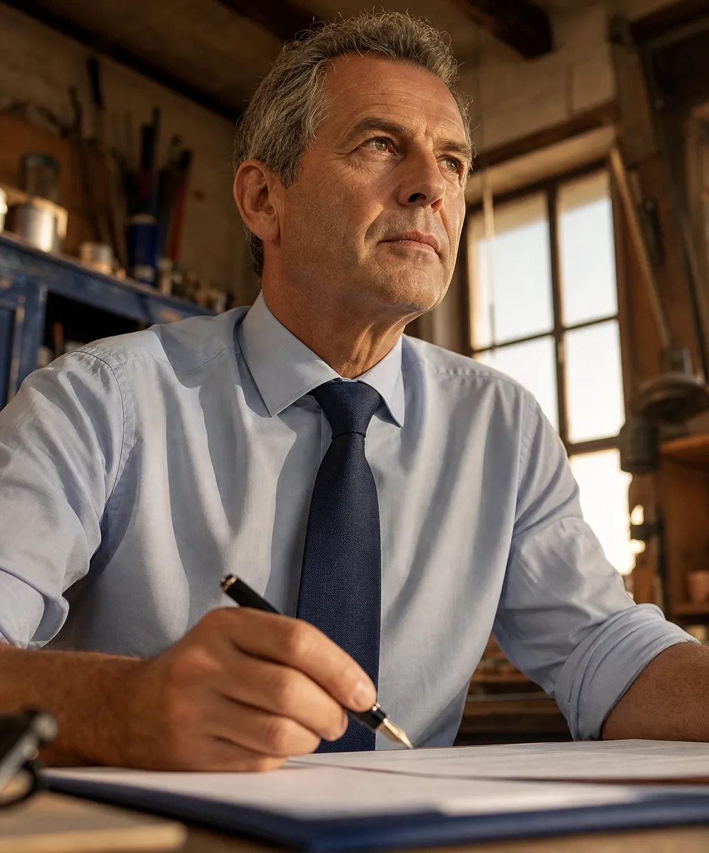 Dirigeant de PME pesant la signature d'une cession d'entreprise avec clause d'earn-out