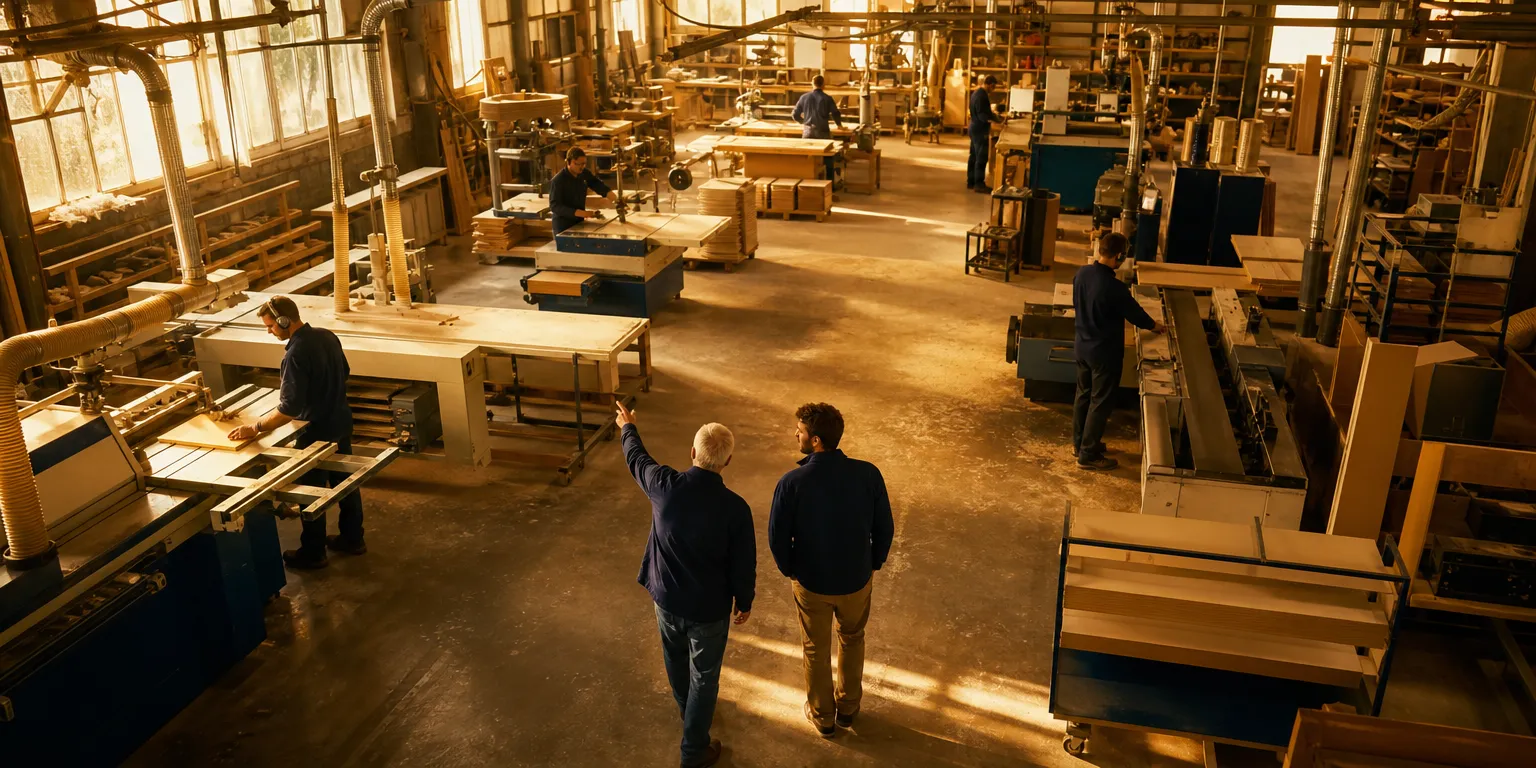 Visite d'atelier entre le dirigeant cédant et le repreneur avant une cession avec earn-out