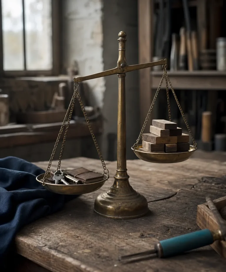 Balance symbolisant l'évaluation d'entreprise avant de vendre, posée sur un établi d'atelier