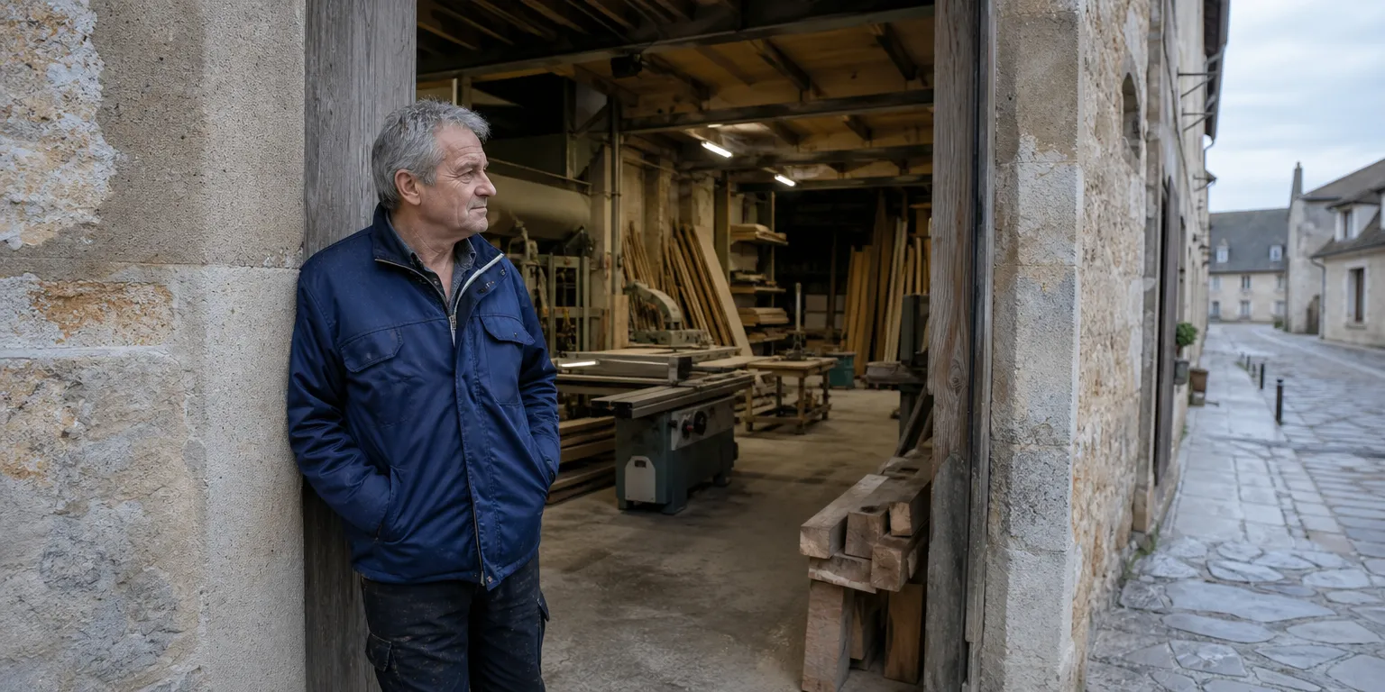 Dirigeant de PME française dans son atelier, réfléchissant à évaluer son entreprise avant la cession