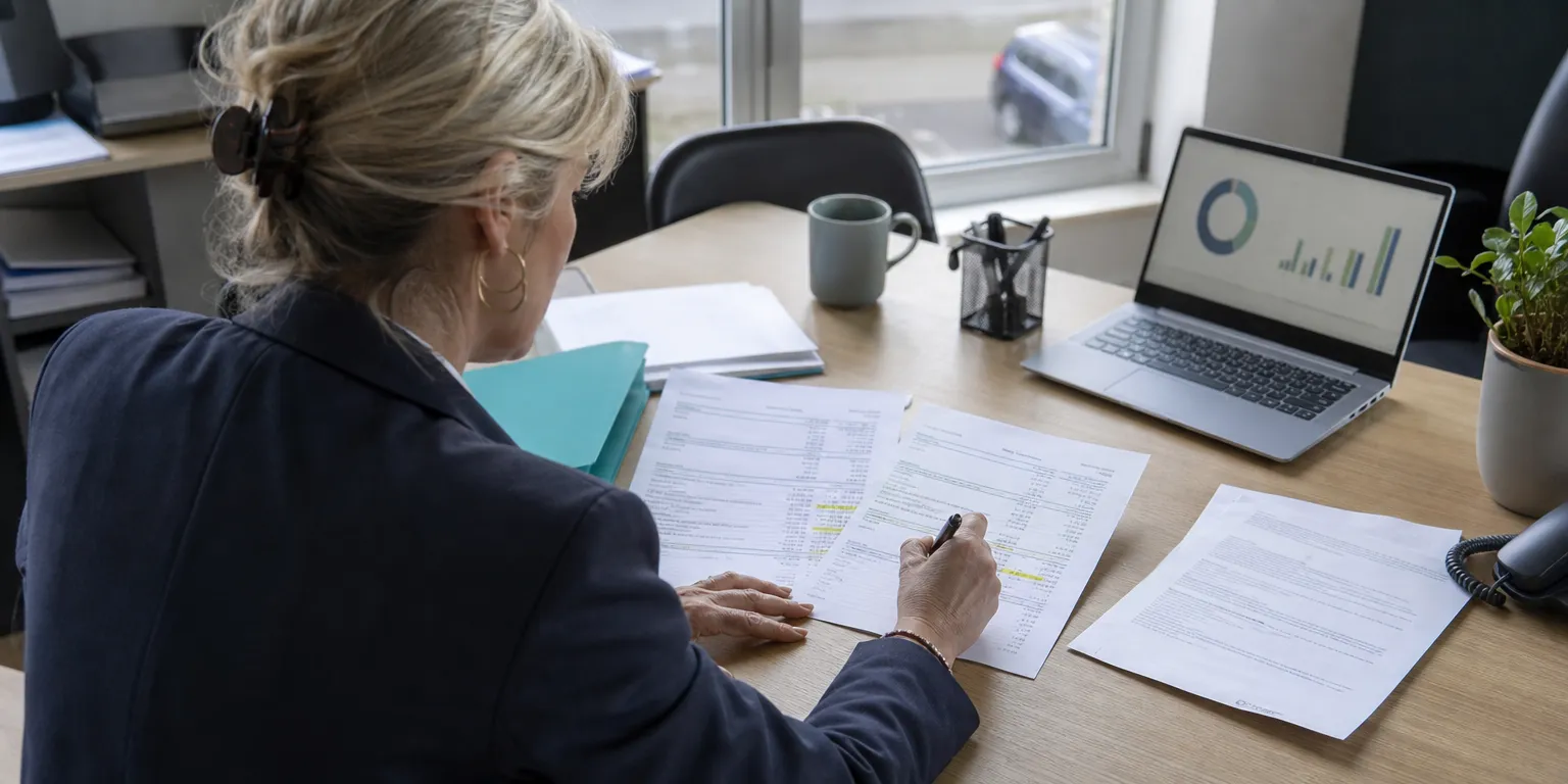 Dirigeante analysant ses comptes pour calculer l'EBE retraité avant l'évaluation d'entreprise