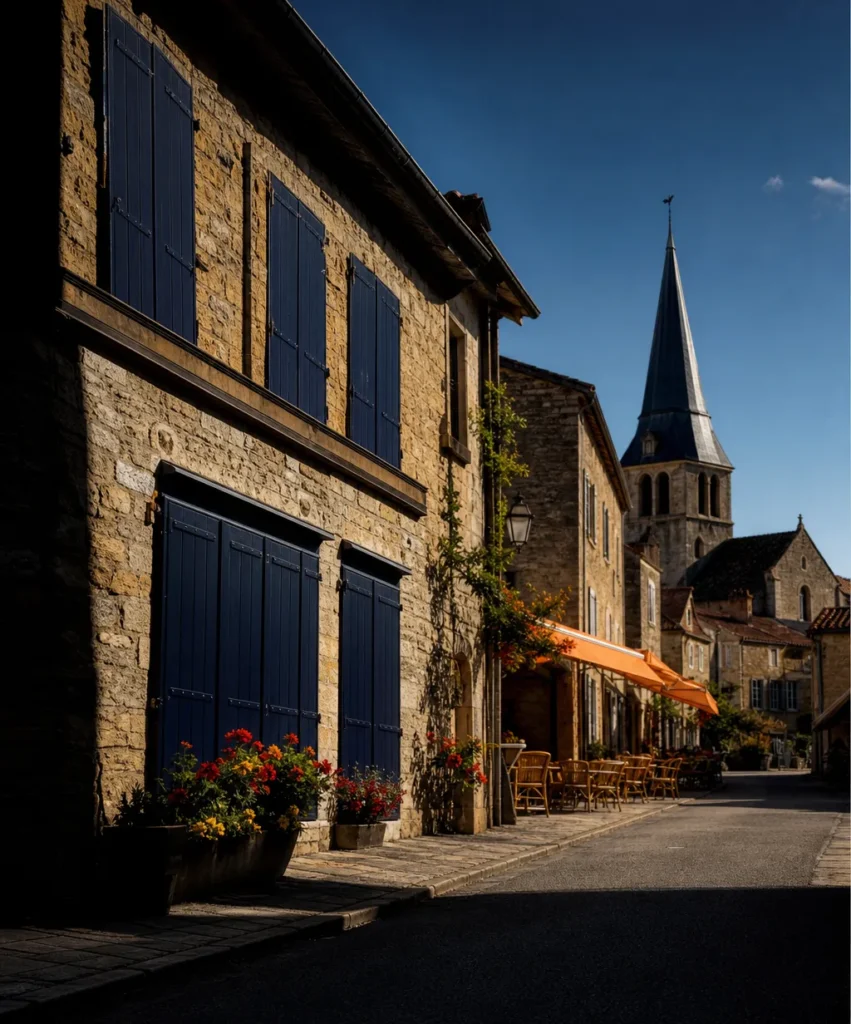 Rue principale d'un village français avec une boutique à reprendre, symbole de l'exonération ZFRR pour créer ou reprendre à la campagne