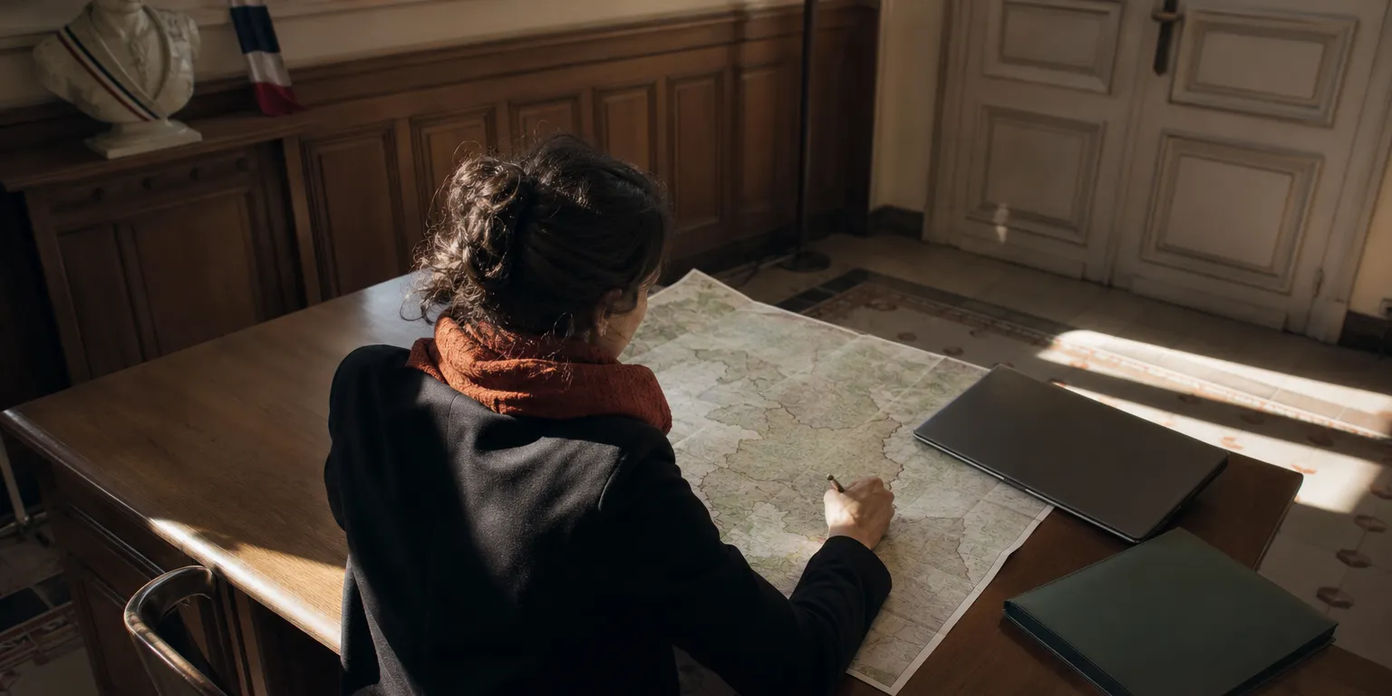 Créatrice d'entreprise vérifiant le classement ZFRR de sa commune sur une carte avant de signer son bail