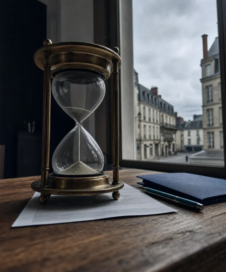 Facture impayée sous un sablier presque vide, symbole du temps qui joue contre le créancier