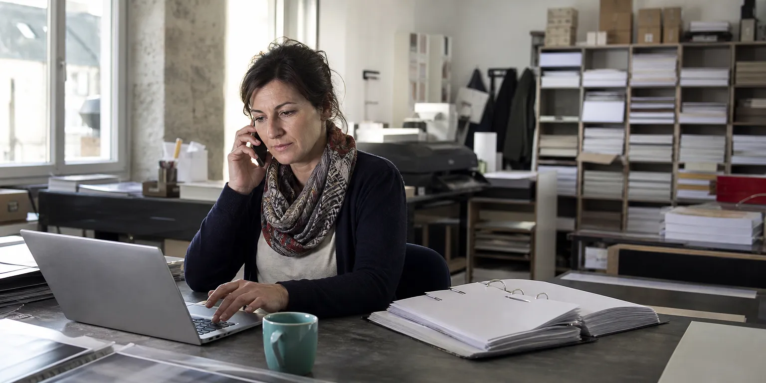 Gérante d'imprimerie relançant par téléphone et e-mail un client pour une facture impayée