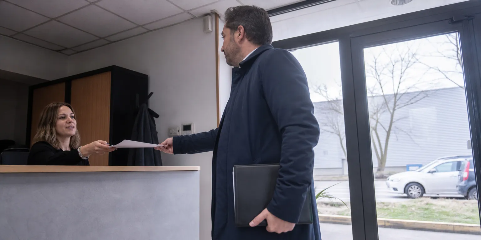 Commissaire de justice signifiant une ordonnance d'injonction de payer à une entreprise
