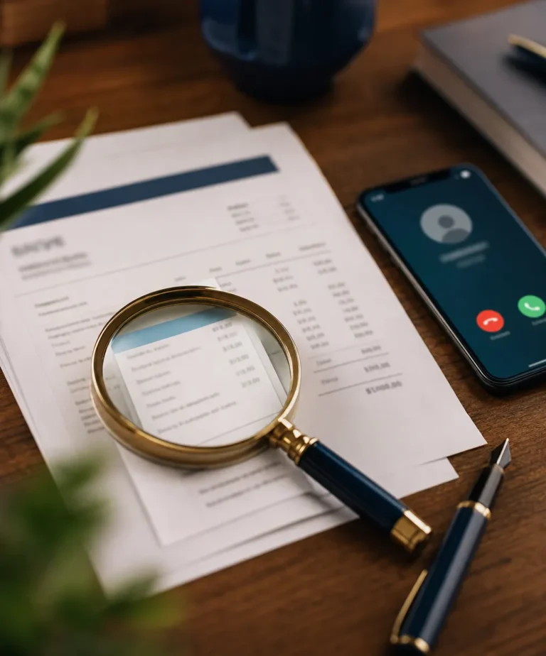 Facture fournisseur et RIB examinés à la loupe, symbole de la vérification contre la fraude au faux RIB