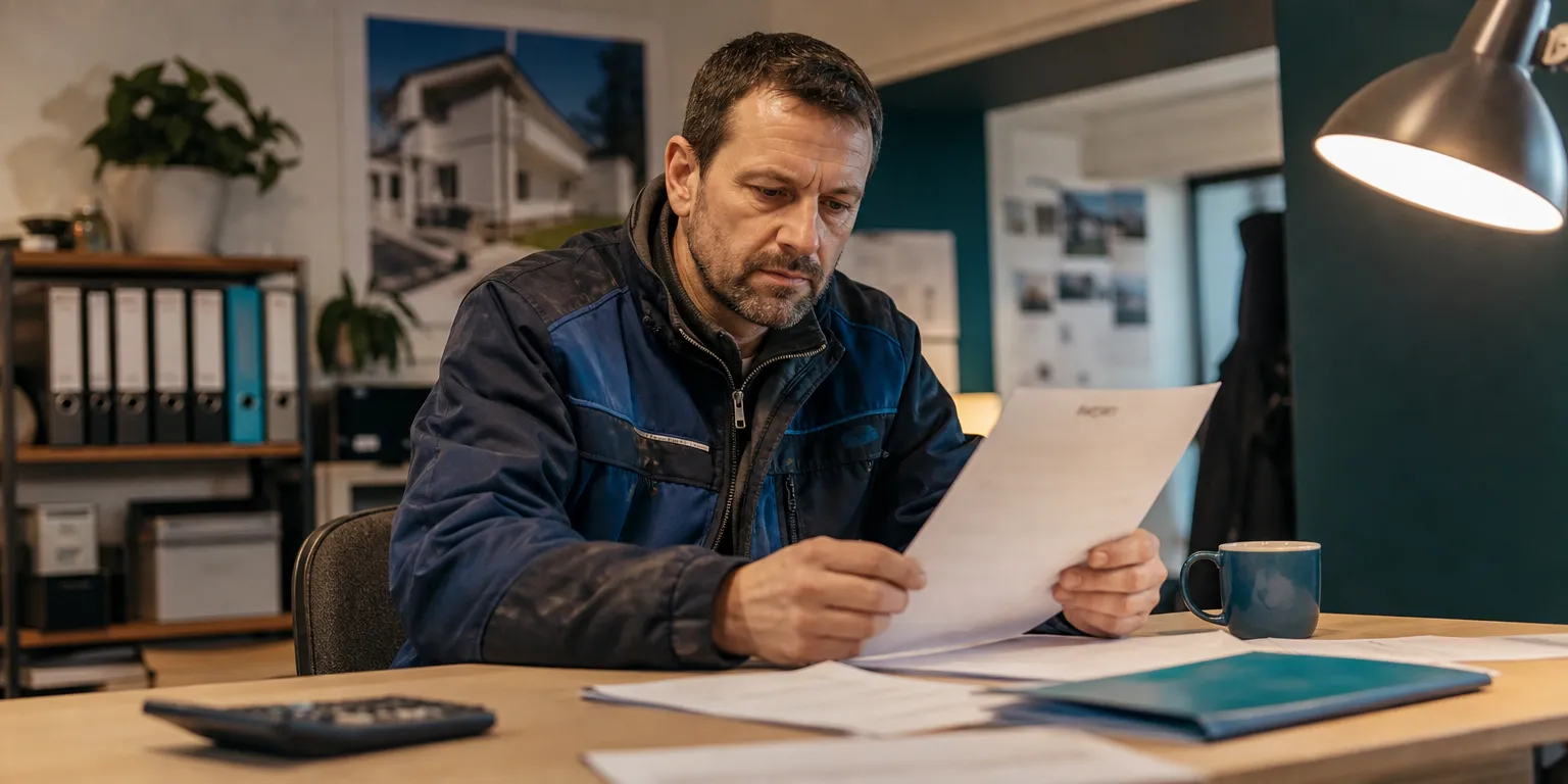 Chef d'entreprise du BTP lisant un courrier de sa banque après un virement frauduleux sur faux RIB