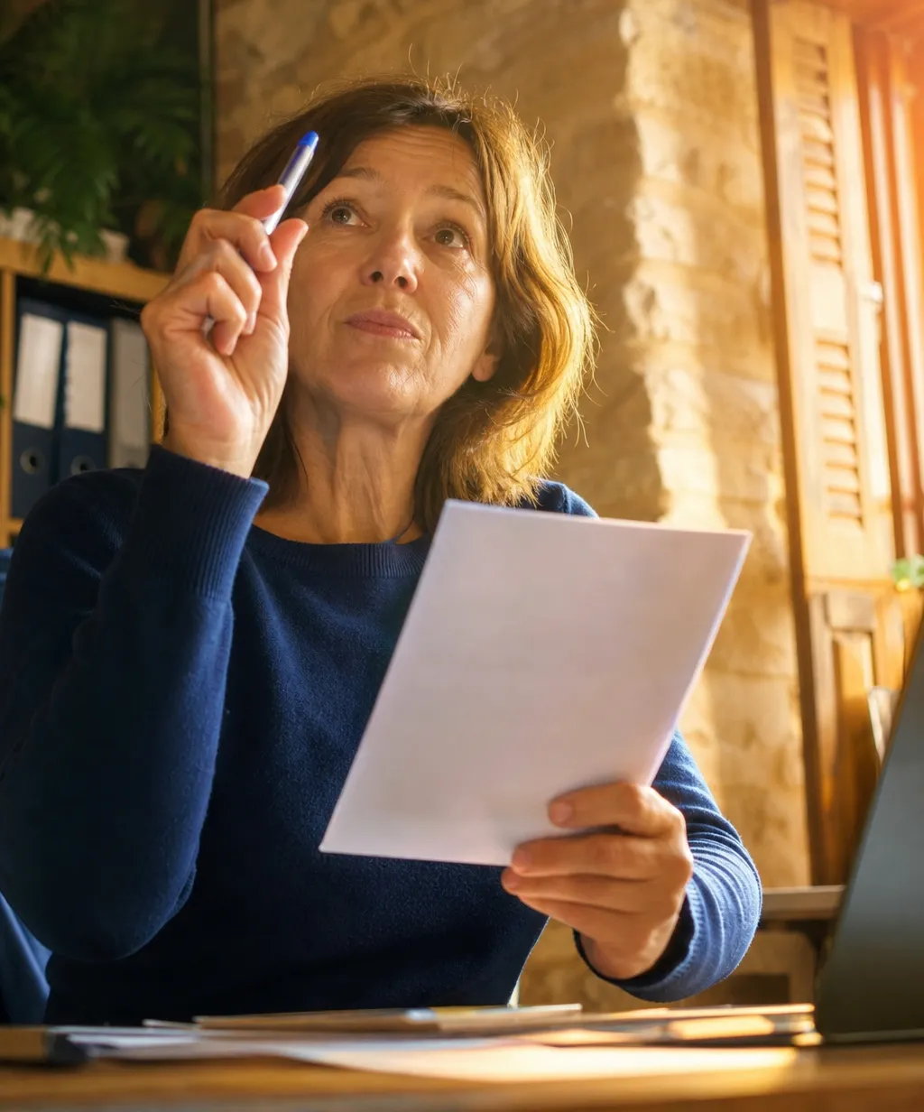 Dirigeante française étudiant son avis d'impôt sur le revenu 2027 à son bureau