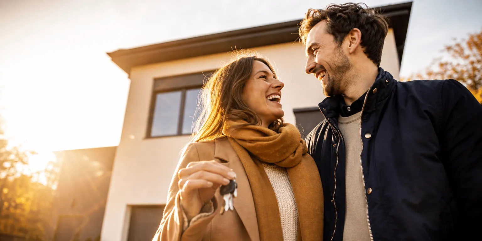 Jeune couple devant sa maison neuve financée par une donation