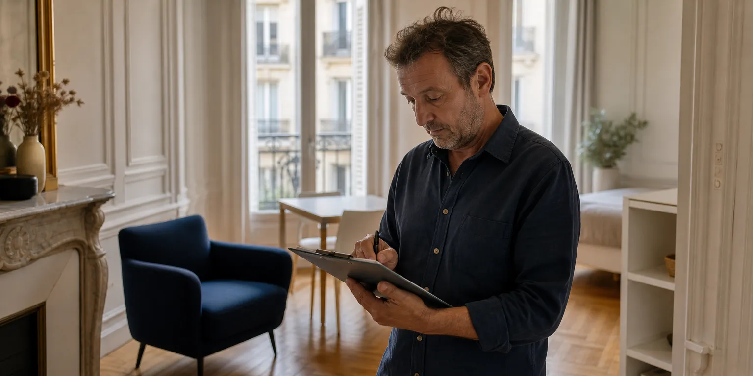 Investisseur vérifiant le mobilier d'un studio meublé pour une simulation LMNP
