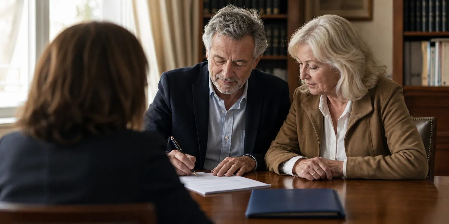 Couple signant la revente d'un studio chez le notaire, calcul de la plus-value LMNP