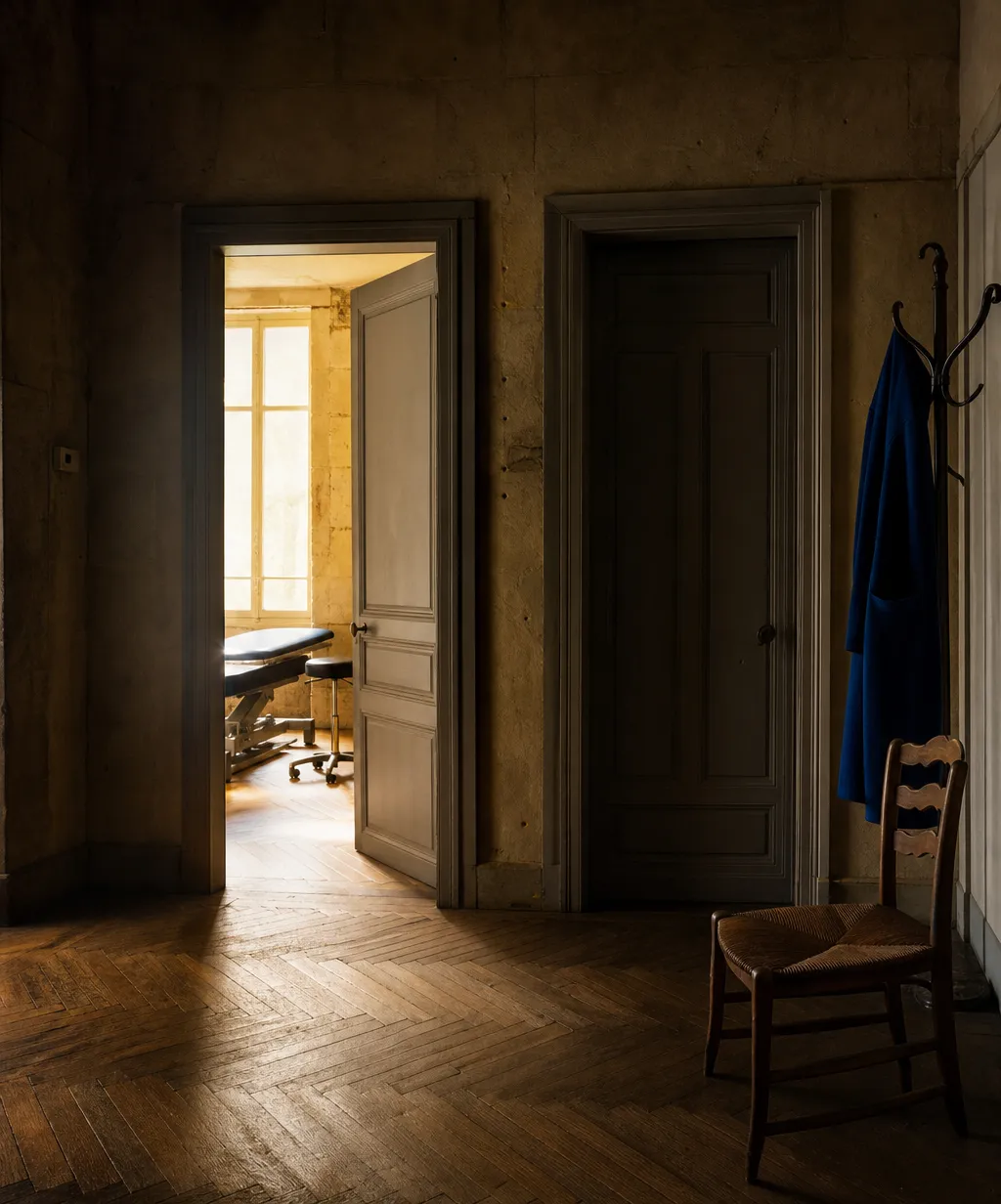 Couloir d'un cabinet médical avec deux portes de consultation côte à côte, image du choix entre médecin collaborateur et médecin remplaçant