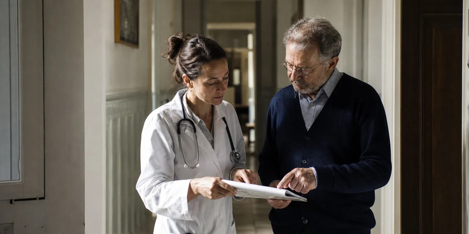 Médecin collaborateur et médecin titulaire organisant leurs plannings de consultation dans le couloir d'un cabinet médical