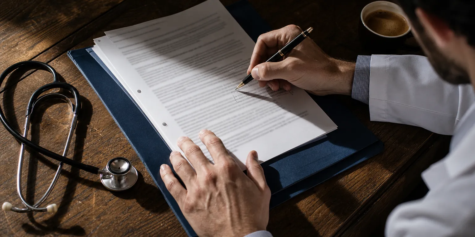 Mains d'un jeune médecin annotant un contrat de collaboration libérale sur un bureau en chêne, stéthoscope à côté