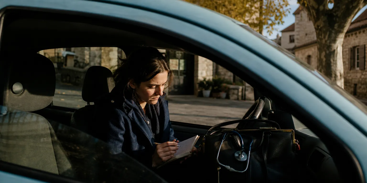 Médecin remplaçante notant ses frais de déplacement dans sa voiture avant une visite, sur une place de village