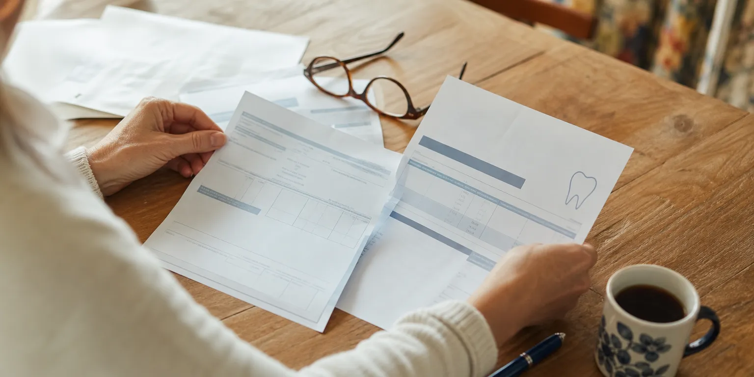 Salariée comparant un relevé de mutuelle et une facture dentaire après la baisse des remboursements Sécu