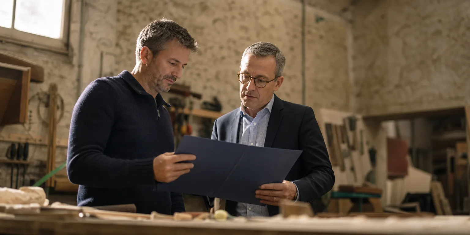 Chef d'entreprise et expert-comptable évaluant l'impact des primes et de l'épargne salariale sur la masse salariale