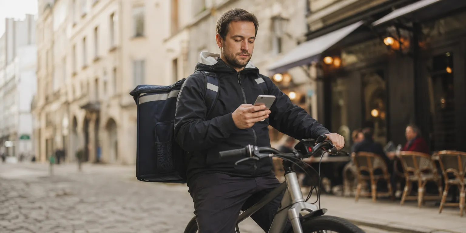 Livreur auto-entrepreneur à vélo consultant son téléphone : le prélèvement à la source des cotisations par la plateforme